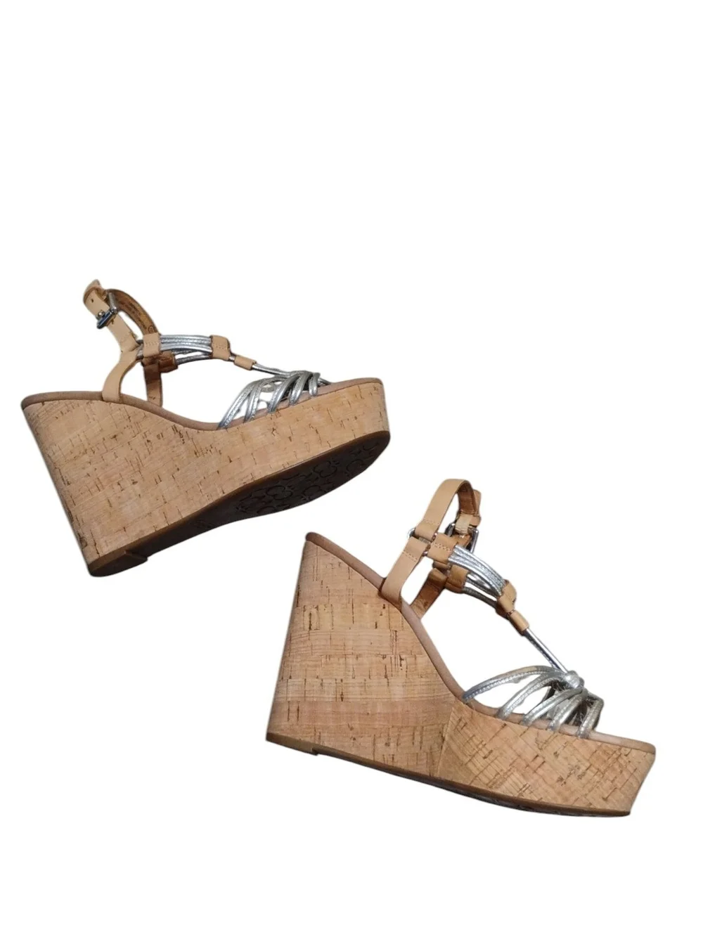 Coach Georgina Wedge Sandals with Cork Platform - Silver & Tan Size 6.5